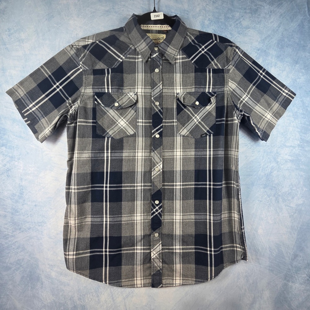 Coastal Mens Short Sleeve Western Pearl Snap Plaid Shirt Navy Blue Grey Large